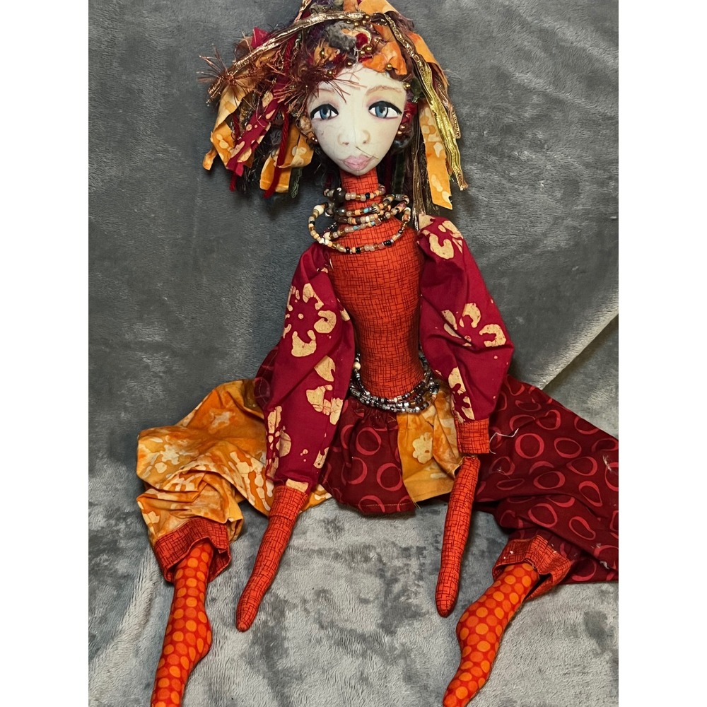 Handmade Mixed Media Art Doll Hand Painted Face Boho Maximalist Red Orange 16in